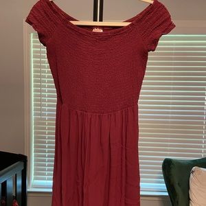 RED OFF SHOULDER SMOCKED DRESS